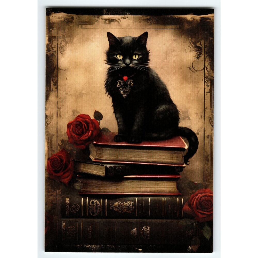 Vintage Halloween Postcard Black Cat on Books with Red Roses Chrome